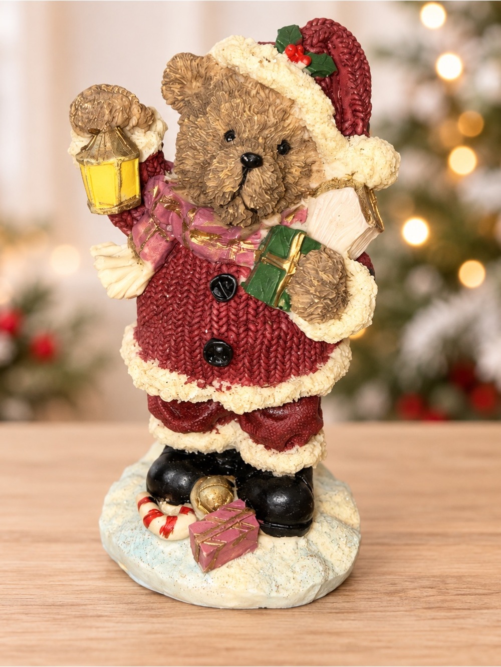 Vintage K’s Collection Christmas Teddy Bear Lantern Figurine 5.5” Resin